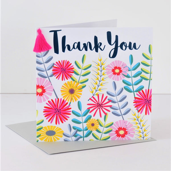 Thank You Card, Flowers, Thank You, Embellished with a colourful tassel