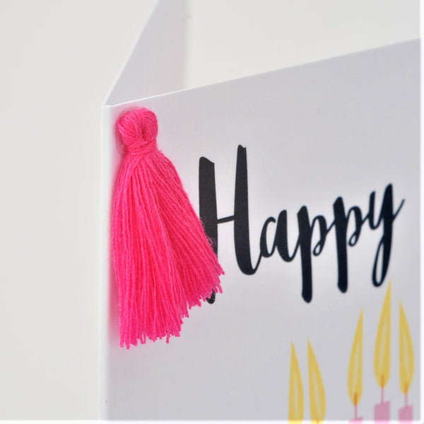 Birthday Card, Pretty Cake, Happy Birthday, Embellished with a colourful tassel