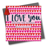 Valentine's Day Card, Rows of Hearts, Embellished with a colourful tassel