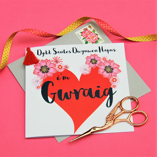 Welsh Wife Valentine's Day Card, Gwraig, Big Heart, Tassel Embellished