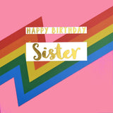 Birthday Card, Sister, Pink Colour Bolts, text foiled in shiny gold