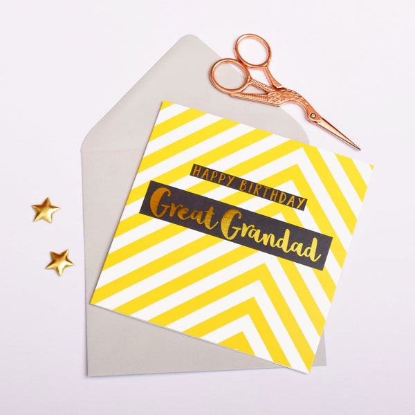 Birthday Card, Great Grandad Yellow Chevrons, text foiled in shiny gold