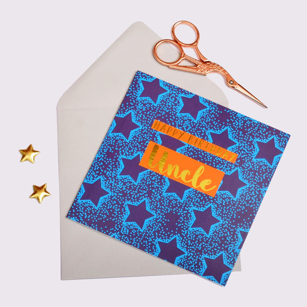 Birthday Card, Uncle Blue Stars, Happy Birthday Uncle, text foiled in shiny gold