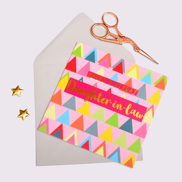 Birthday Card, Daughter-in-law Pink Triangles, text foiled in shiny gold