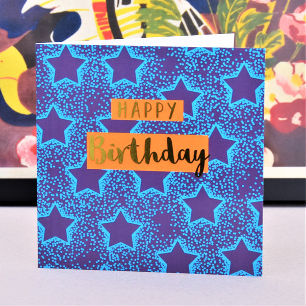 Birthday Card, Blue Stars, Happy Birthday, text foiled in shiny gold