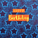 Birthday Card, Blue Stars, Happy Birthday, text foiled in shiny gold