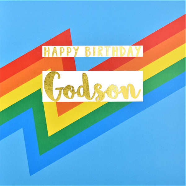 Birthday Card, Godson Blue Colour Bolts, text foiled in shiny gold