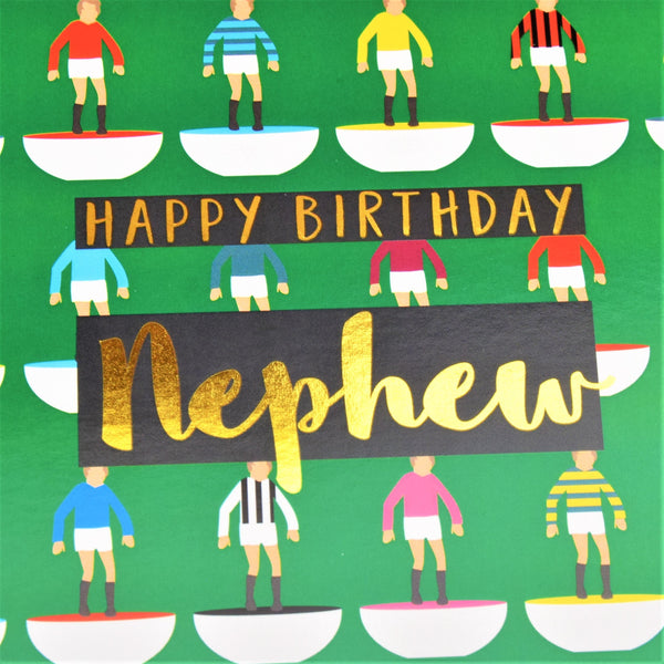 Birthday Card, Nephew Footballers, text foiled in shiny gold