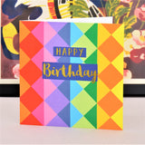 Birthday Card, Colour Diamonds, Happy Birthday, text foiled in shiny gold