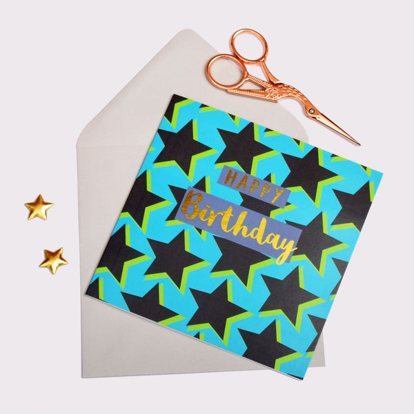 Birthday Card, Stars, Happy Birthday, text foiled in shiny gold