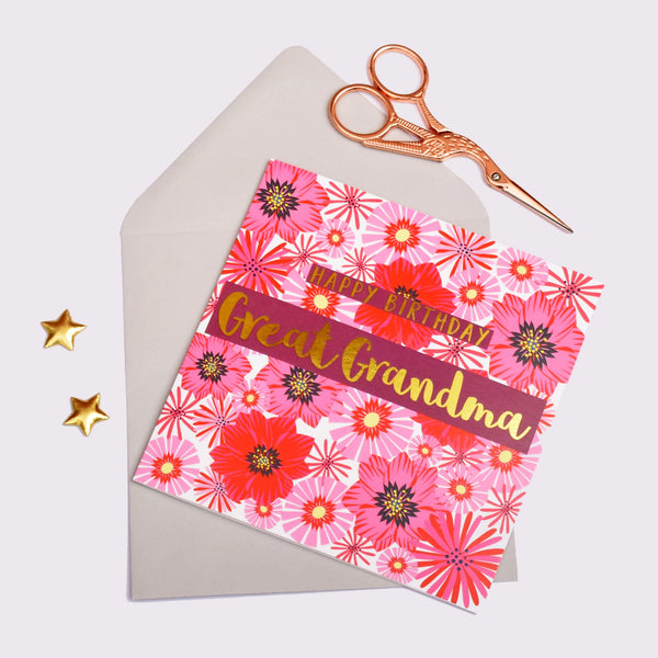 Birthday Card, Great Grandma Pink Flowers, text foiled in shiny gold