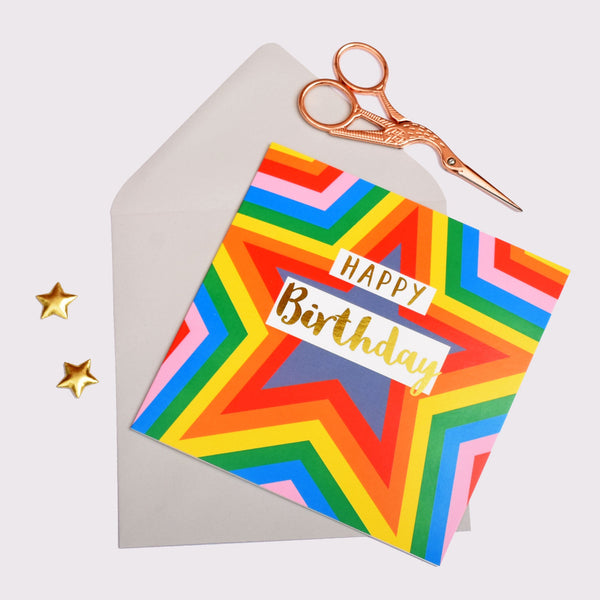 Birthday Card, Colour Stars, Happy Birthday, text foiled in shiny gold