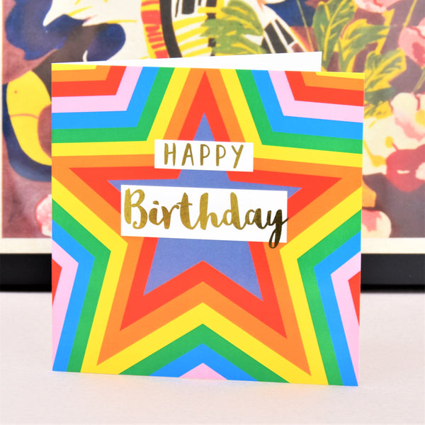 Birthday Card, Colour Stars, Happy Birthday, text foiled in shiny gold