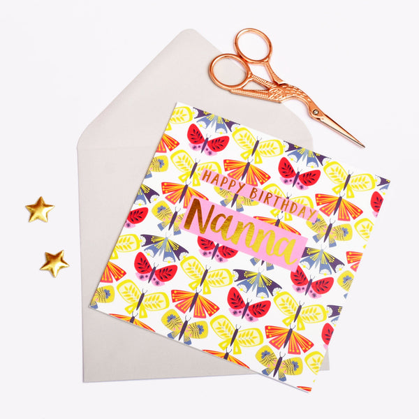 Birthday Card, Nanna Butterflies, text foiled in shiny gold