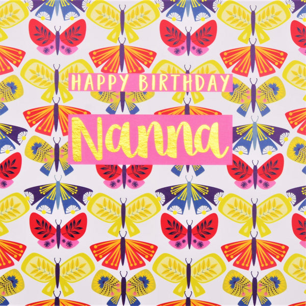 Birthday Card, Nanna Butterflies, text foiled in shiny gold