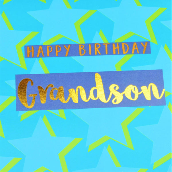 Birthday Card, Grandson Blue Stars, text foiled in shiny gold