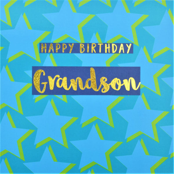 Birthday Card, Grandson Blue Stars, text foiled in shiny gold