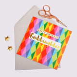 Birthday Card, Goddaughter Colourful Diamonds, text foiled in shiny gold