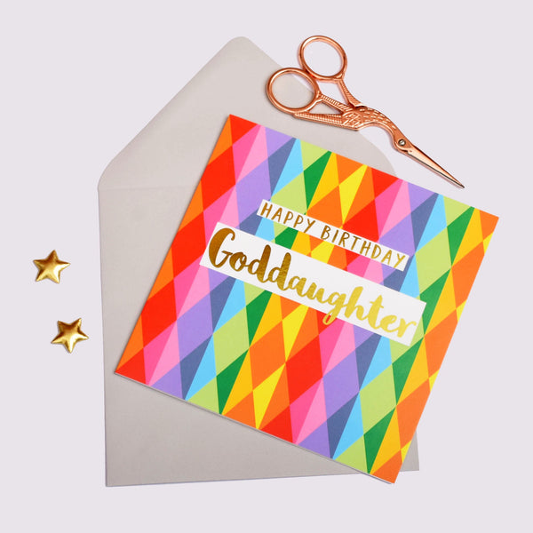 Birthday Card, Goddaughter Colourful Diamonds, text foiled in shiny gold