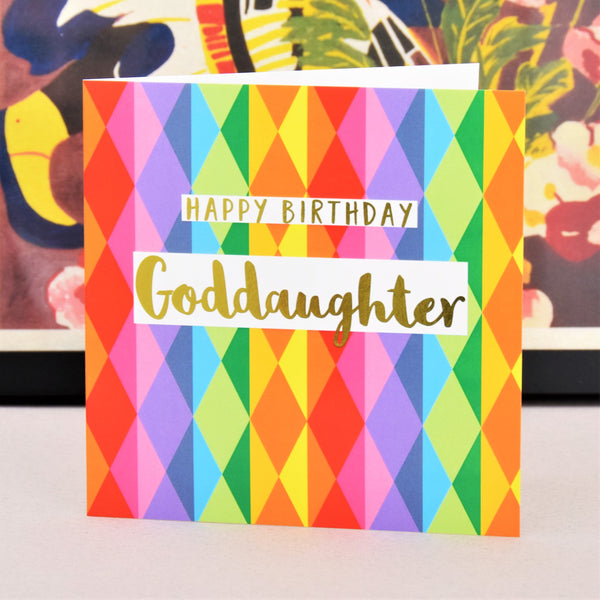 Birthday Card, Goddaughter Colourful Diamonds, text foiled in shiny gold