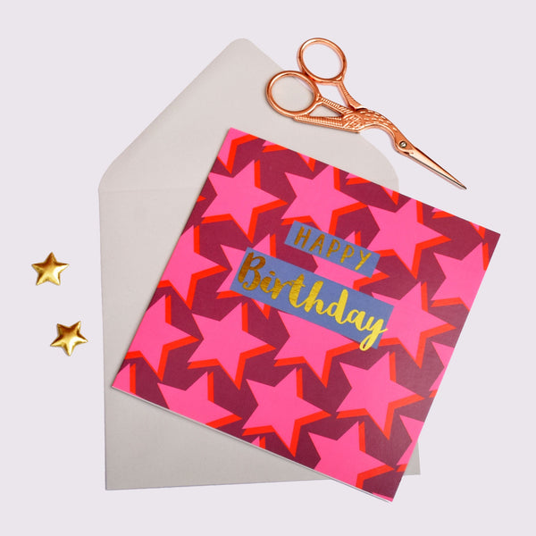 Birthday Card,  Dark Pink Stars, Happy Birthday, text foiled in shiny gold