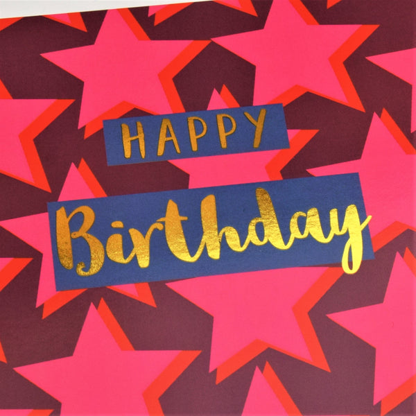 Birthday Card,  Dark Pink Stars, Happy Birthday, text foiled in shiny gold