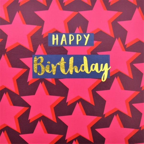 Birthday Card,  Dark Pink Stars, Happy Birthday, text foiled in shiny gold