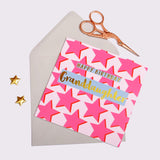 Birthday Card, Granddaughter Pink Stars, text foiled in shiny gold