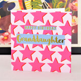 Birthday Card, Granddaughter Pink Stars, text foiled in shiny gold
