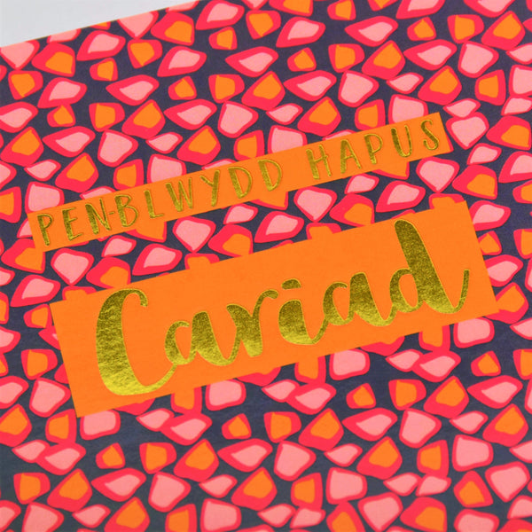 Welsh Birthday Card, Penblwydd Hapus Girlfriend, text foiled in shiny gold