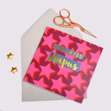 Welsh Birthday Card, Penblwydd Hapus, Dark Pink Stars, text foiled in shiny gold