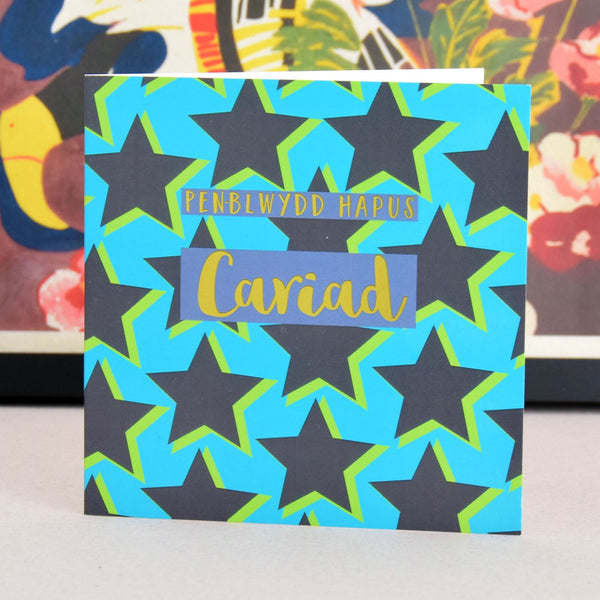 Welsh Birthday Card, Penblwydd Hapus Boyfriend Stars, text foiled in shiny gold