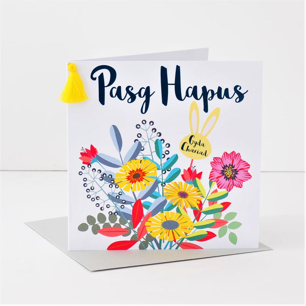 Welsh Easter Card, Pasg Hapus, Bouquet, Embellished with a colourful tassel