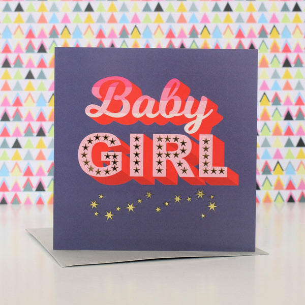 Baby Girl Card, Pink with gold stars and gold foil