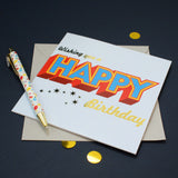 Birthday Card, Wishing you a Happy Birthday, Block letters, with gold foil
