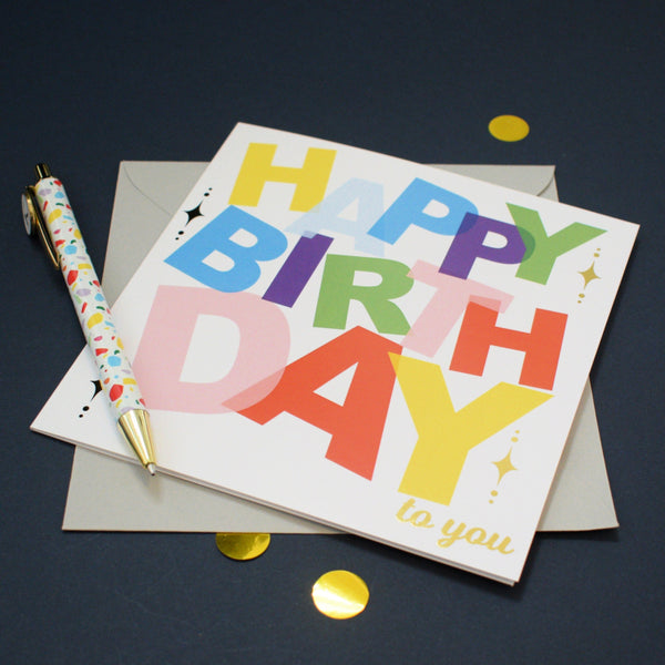 Birthday Card, Scattered letters with stars and gold foil