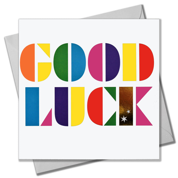 Good Luck Card, Rainbow stencil letters, with gold foil