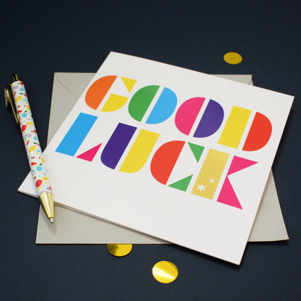 Good Luck Card, Rainbow stencil letters, with gold foil