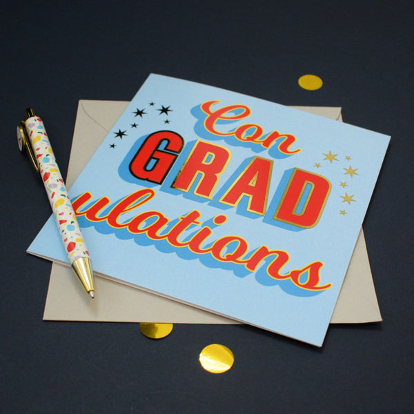 Graduation Card, Con-GRAD-ulations, Red block letters, with gold foil