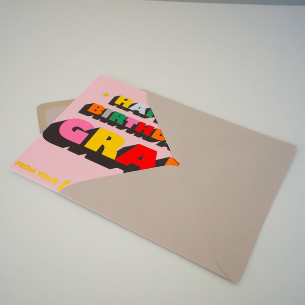 Birthday Card, Gran, Favourite Grandchild, Block letters, gold foil