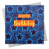 Birthday Card, Blue Stars, Happy Birthday, text foiled in shiny gold