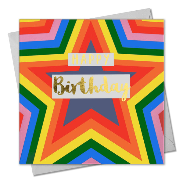 Birthday Card, Colour Stars, Happy Birthday, text foiled in shiny gold