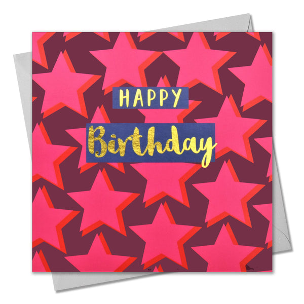 Birthday Card,  Dark Pink Stars, Happy Birthday, text foiled in shiny gold