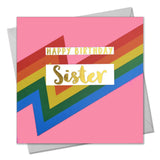 Birthday Card, Sister, Pink Colour Bolts, text foiled in shiny gold