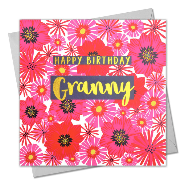 Birthday Card, Granny, Flowers, Happy Birthday Granny, text foiled in shiny gold