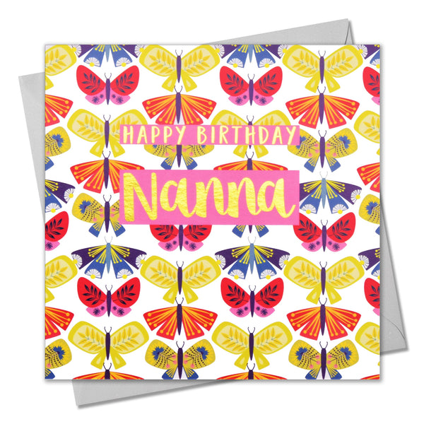 Birthday Card, Nanna Butterflies, text foiled in shiny gold