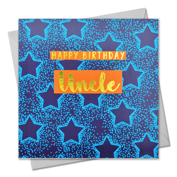 Birthday Card, Uncle Blue Stars, Happy Birthday Uncle, text foiled in shiny gold