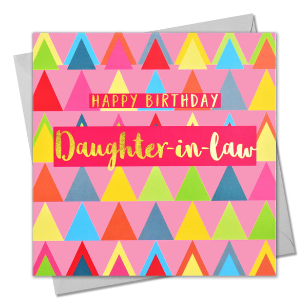 Birthday Card, Daughter-in-law Pink Triangles, text foiled in shiny gold