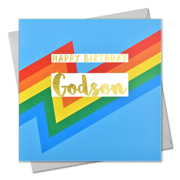 Birthday Card, Godson Blue Colour Bolts, text foiled in shiny gold