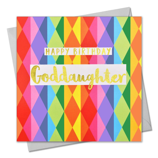 Birthday Card, Goddaughter Colourful Diamonds, text foiled in shiny gold